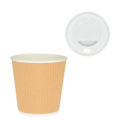 Vaso Cartón Corrugado Kraft 120ml (4OZ) c/ Tapa “To Go” Blanca – Paquete 50 unidades