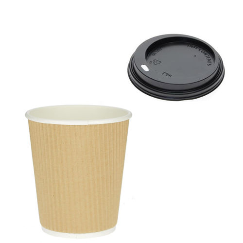 Vaso Cartón Corrugado Kraft 360ml (12Oz) c/ Tapa “To Go” Negra – Paquete 25 unidades