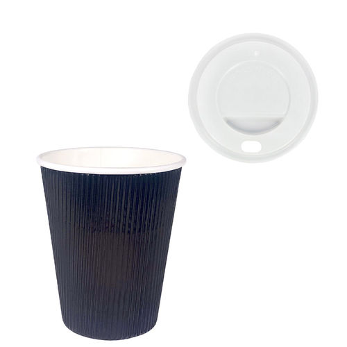 Vaso Cartón Corrugado Negro 360ml (12Oz) c/ Tapa “To Go” Blanca – Paquete 25 unidades