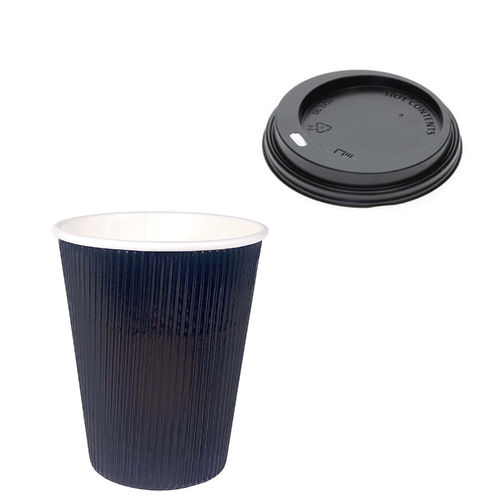 Corrugated Card Cup Black 360ml (12Oz) w/ Black Lid “To Go”  - Pack 25 units