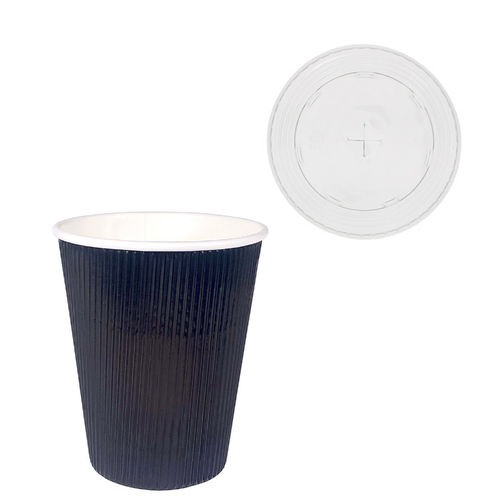 Copo Cartão Canelado Preto 360ml (12Oz) c/ Tampa para Palhinhas – Caixa completa 500 Unidades