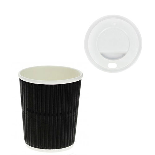 Vaso Cartón Corrugado Negro 240ml (8Oz) c/ Tapa “To Go” Blanca - Caja Completa 500 unidades