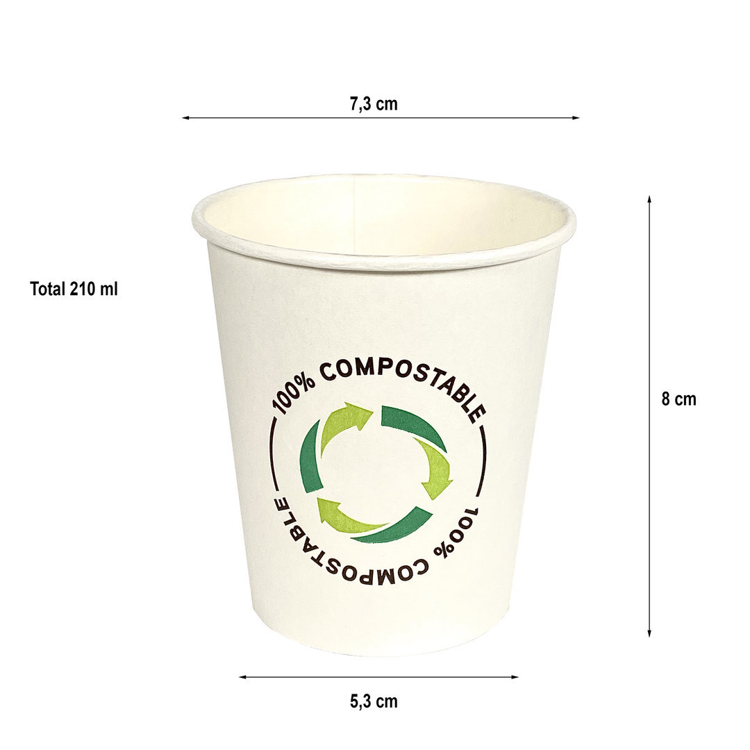 Copo Cartão Hotel 100% Compostável Embalado saco/ bio PLA 210ml (7OZ) Manga 50 unidades