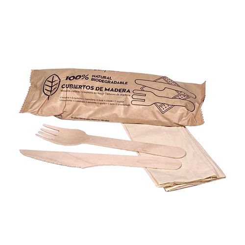 KIT Fourchette+Couteau Bois+Serviette Eco 165mm -Paquet de 50 Unités